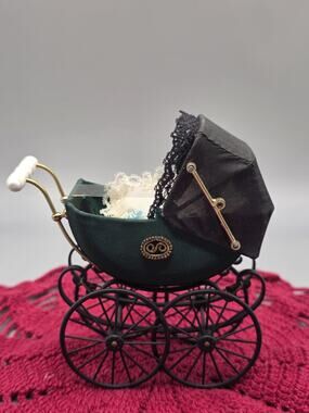 Heidi Ott Dollhouse Miniature 1:12 Green Satin Baby Pram Stroller Buggy W/ Box